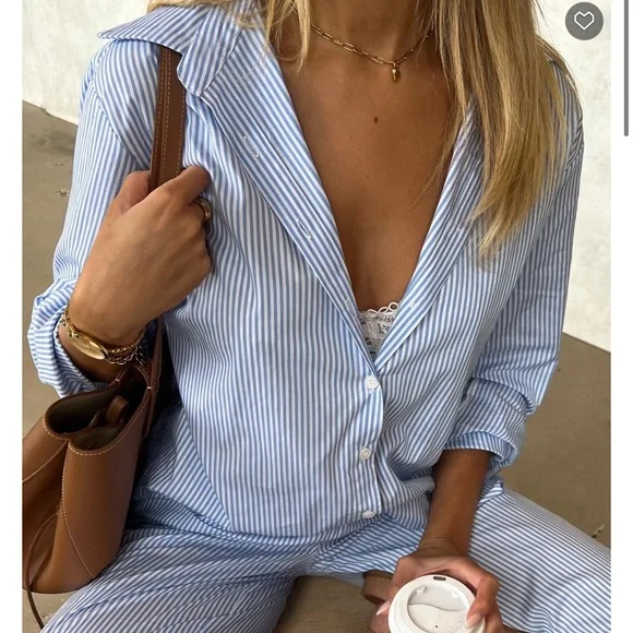 White Fox Boutique Always About Us Striped Button Up Shirt Light Blue Size S/M - Picture 7 of 15